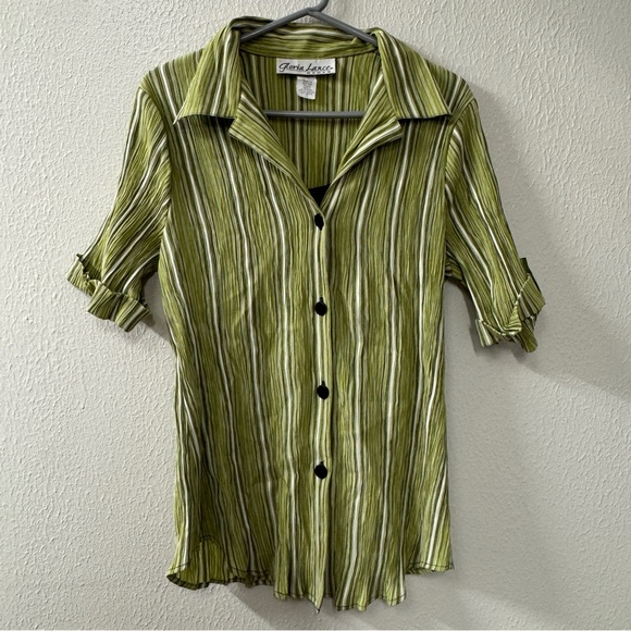Gloria Lance Tops - Gloria Lance Green Striped Button-Up Blouse